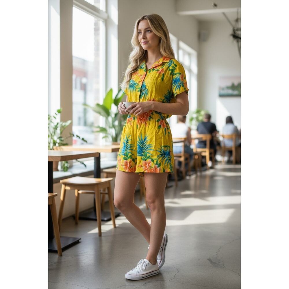 Vintage Thats Right Floral Short Sleeve Yellow Tropical Hawaiian Romper Size 40